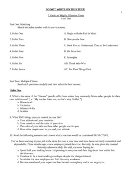 UNIT TEST FOR SEAN COVEY'S THE 7 HABITS OF HIGHLY EFFECTIVE TEENS .