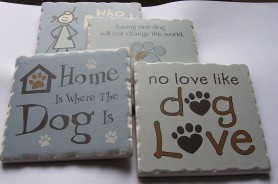 Absorbent stone tile dog coasters with sayings, cork backed, made in ...