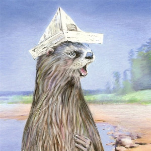 Otter Art Print Hand Colored 8 x 10 river otter with newspaper hat on ...