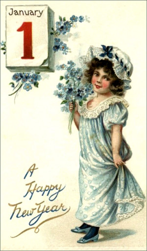 New Year vintage picture of little girl in blue holding a bouquet of ...