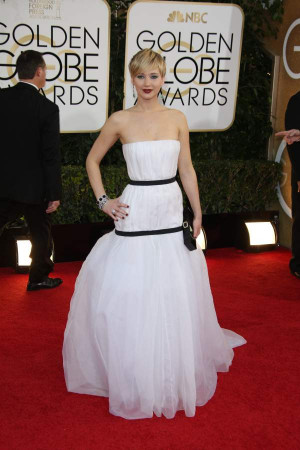 Jennifer Lawrence 2014 Golden Globes White Dress Black straps