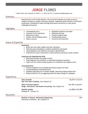 Entry Level Maintenance Resume Sample