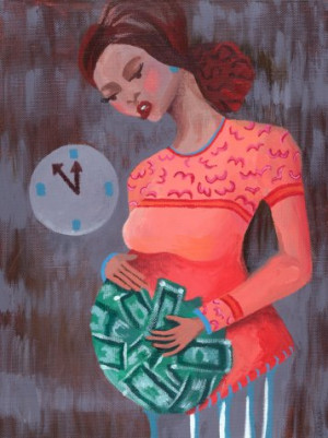 Painting of a pregnant woman with money in her womb