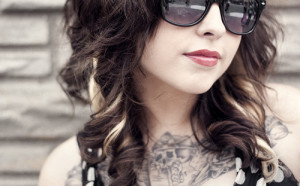 curls, girl, hair, lips, sunglasses, tattoo