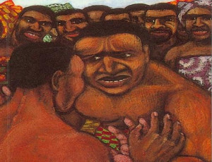 This is an illustration of Okonkwo wrestling another guy.