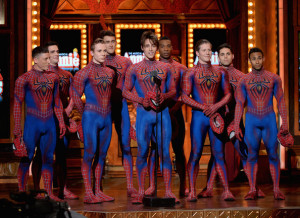 Reeve Carney Reeve Carney (C) and the cast of 'Spider-Man: Turn Off ...