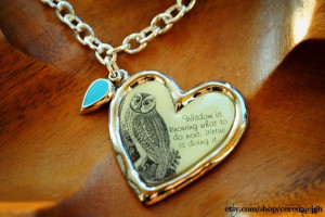 Wisdom quote silver owl heart pendant necklace with charm
