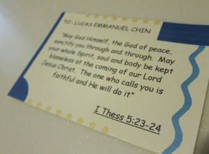 Memento from church; first official bible verse for Lucas. AMEN!!!
