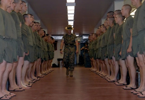 Senior Drill Instructor inspects his platoon prior to “lights out ...