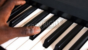 Keyboard player / pianist playing a keyboard / piano during a concert ...