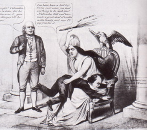 Political cartoon from 1860 depicting Stephen A. Douglas receiving a ...
