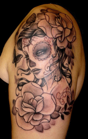 candy skull and rose tattoos for girls