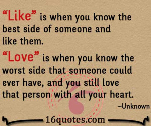 Like” is when you know the best side of someone and like them.