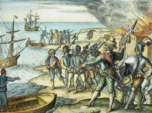 Photograph:The English adventurer Sir Walter Raleigh leads a raid on