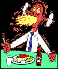 funny cartoon of man eating super-spicy food, flames are coming out ...