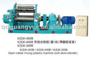 Two roll mixing mill with stock blender