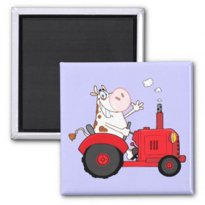 Mischievous Cow Driving Red Tractor Magnets
