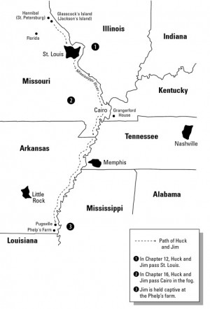 Map of Huck and Jim's Journey down the Mississippi River.