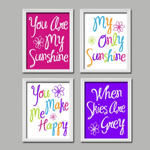 Pink Purple You Are My Sunshine Quote Nursery Song Print Artwork Set ...