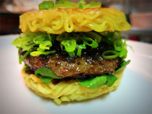 The ramen burger consists of a 75-25% blend patty, a generous ...