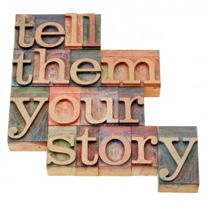 tell them your story – advice in isolated vintage wood letterpress ...