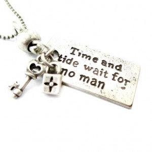 Time and Tide Wait For No Man Quote Stamped Pendant Necklace in Silver