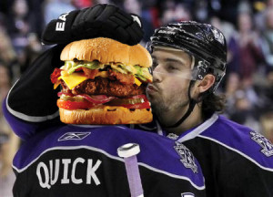 Drew Doughty imagines Jonathan Quick’s head as a giant cheeseburger.