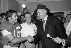 Lyndon Johnson congratulating QB James Street in 1970. Royal (center ...