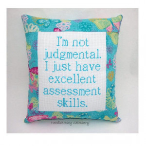 Funny Cross Stitch Pillow, Pink And Turquoise Pillow, Judgmental Quote