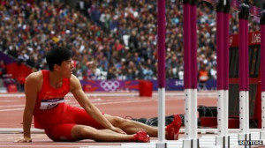 Liu Xiang after his fall at the London Olympics