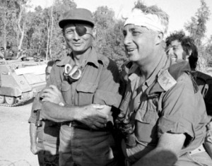 Israeli Minister of Defense Moshe Dayan consults with