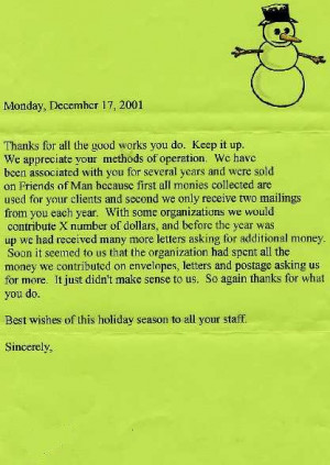 Quote from Letter: December 17th - Thanks for all the good works you ...
