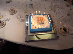 The 20th Anniversary Cake, complete with blue icing.