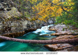blue waters flow through Maligne Canyon of Jasper National Park ...