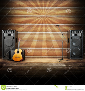 Country music stage or singing background, microphone, guitar and ...