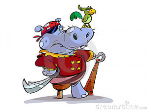 An illustrated cartoon of a pirate hippopotamus, isolated on a white ...