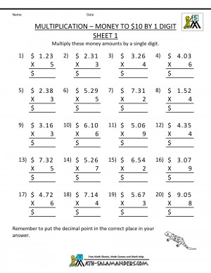 math worksheets for fifth graders multiplication 3 digits money by 1 ...