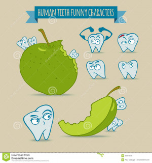 Vector set of human teeth funny cartoon characters with green apple ...
