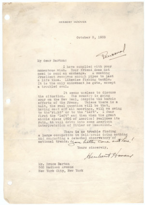 Herbert Hoover to Bruce Barton, October 3, 1933. (Gilder Lehrman ...