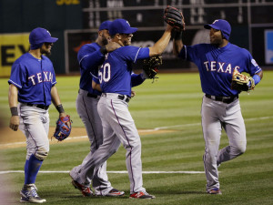 Texas Rangers relief pitcher Keone Kela (50) is congratulated by ...