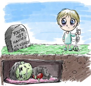 Dark humoured, morbid and cute illustration to promote organ donation.