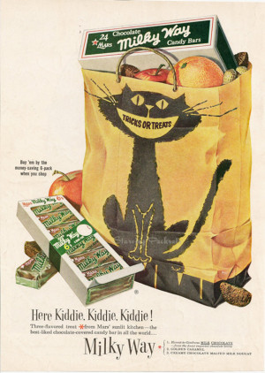 Retro Kitchen Decor Halloween Black Cat Bag & Candy Milky Way Vintage ...