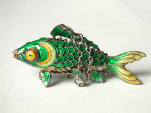 Koi Fish Pendant Green Enamel Articulated Wiggle Carp Silver