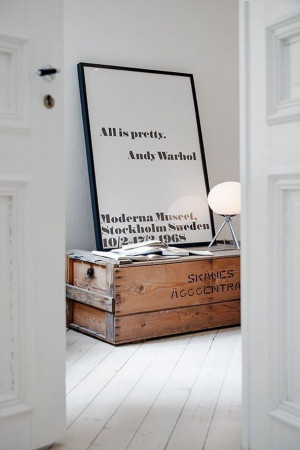Quote, poster, Andy Warhol, wooden trunk