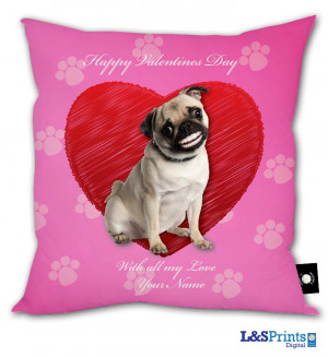 personalised valentines pug dog funny teeth cushion pink