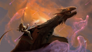Brave warrior riding dragon and holding long spear