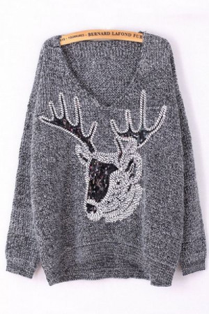 Sequined Reindeer Heather Sweater OASAP.com