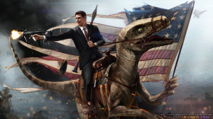 Ronald Reagan Riding a Velociraptor by SharpWriter