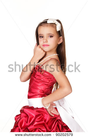 Beautiful little girl in red evening dress on white background - stock ...