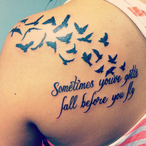 ... Ink Flying Birds and Lettering Quote Tattoo On Left Back Shoulder
